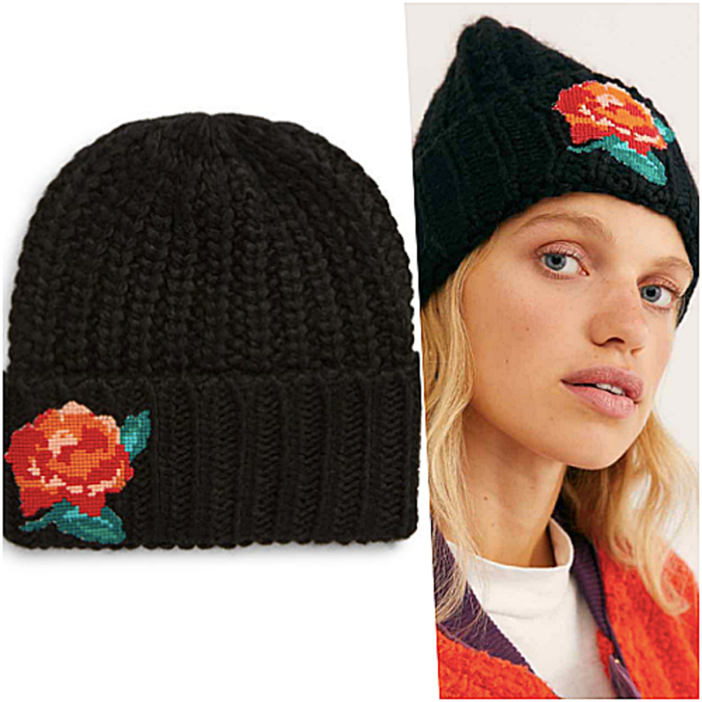 NWT Free People Floral Embroidery Wool Beanie Black - Picture 1 of 10